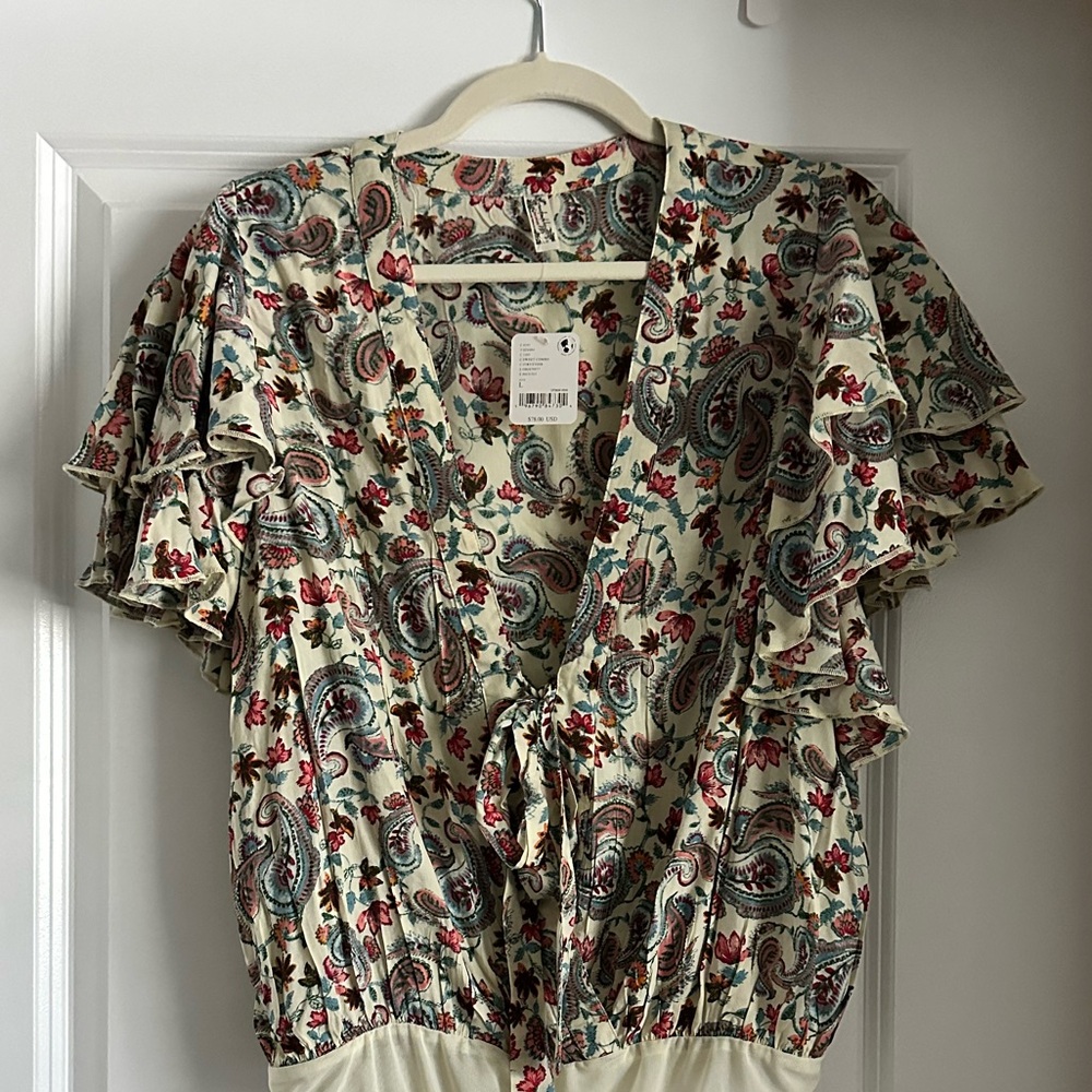 Free People Call Me Later Print Tie Neck Bodysuit in Sweet Combo